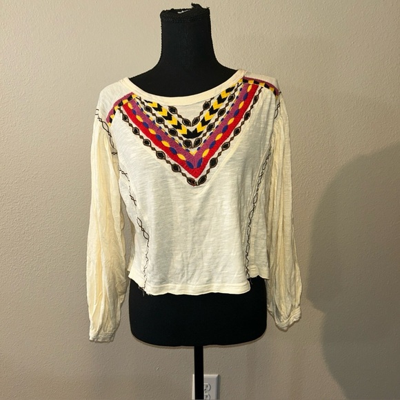 Free People XS Bohemian Cream Top with Multicolor Accents - Picture 4 of 7